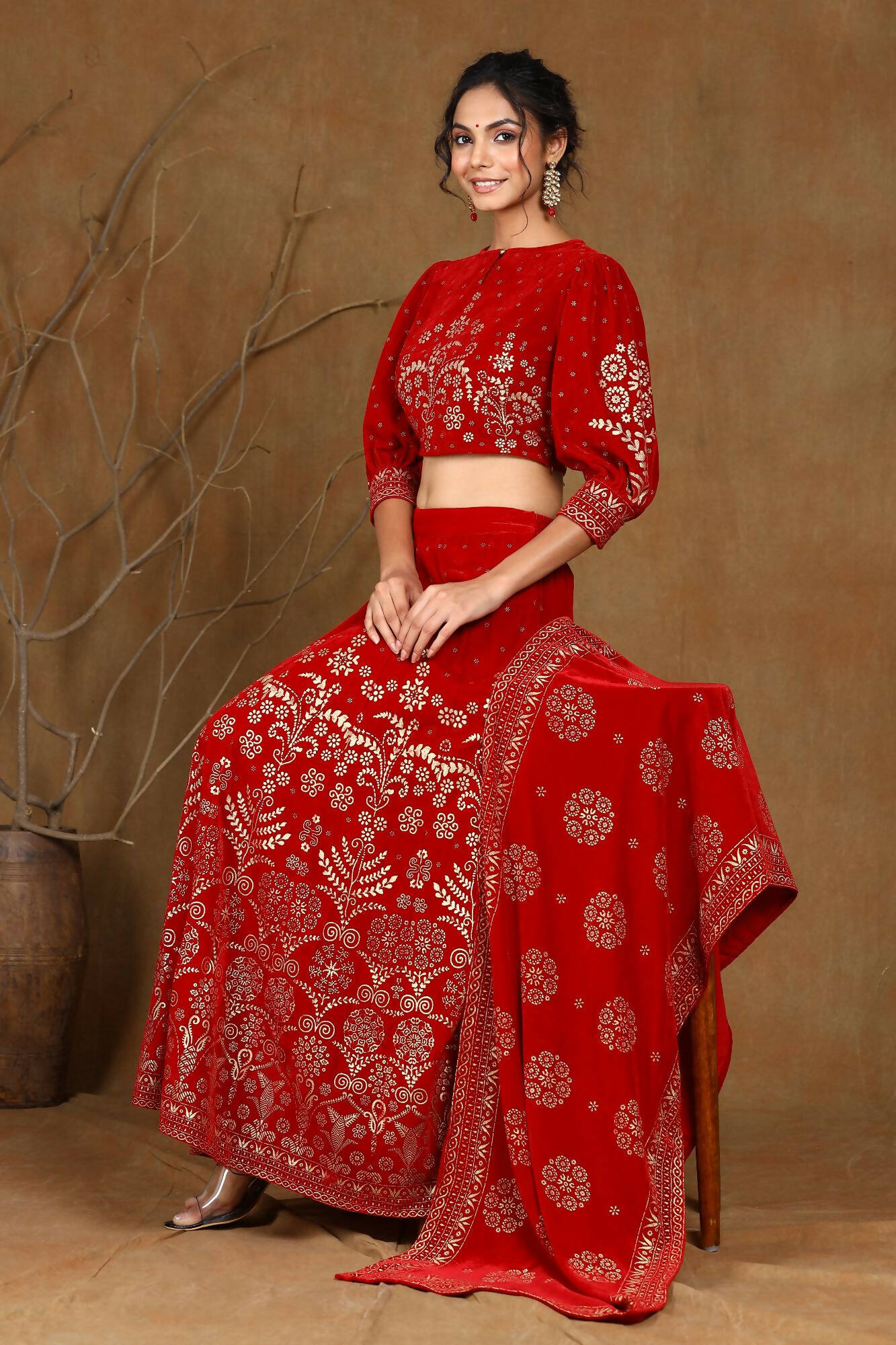 Juniper Women Maroon Velvet Printed Flared Lehenga Choli Sets - Distacart