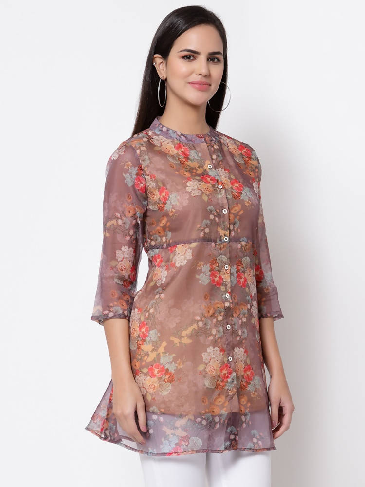 Myshka Women's Organza Printed Printed 3/4 Sleeve Round Neck Casual Multicolor Tunic