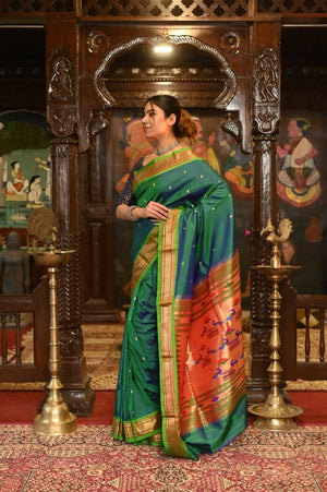 Very Much Indian Pure Silk Paithani - Dual Tone Blue Green - Distacart