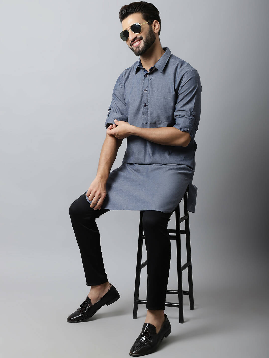 Even Apparels Grey Color Pure Cotton Solid Men's Kurta With Shirt Collar (MMS149) - Distacart