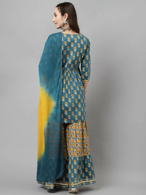 FIORRA Women's Tuquise Pure Cotton Flared Kurta & Sharara With Dupatta - Distacart
