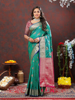 Thumbnail for Lorenvalley Fashion Teal Soft Silk Woven Design Zari Weaving Saree - Distacart