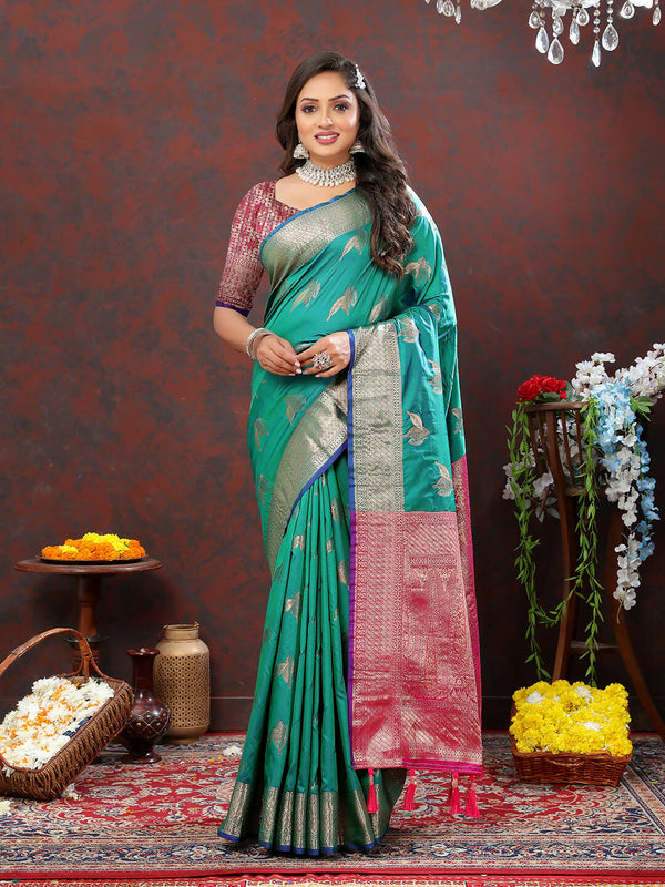 Lorenvalley Fashion Teal Soft Silk Woven Design Zari Weaving Saree - Distacart