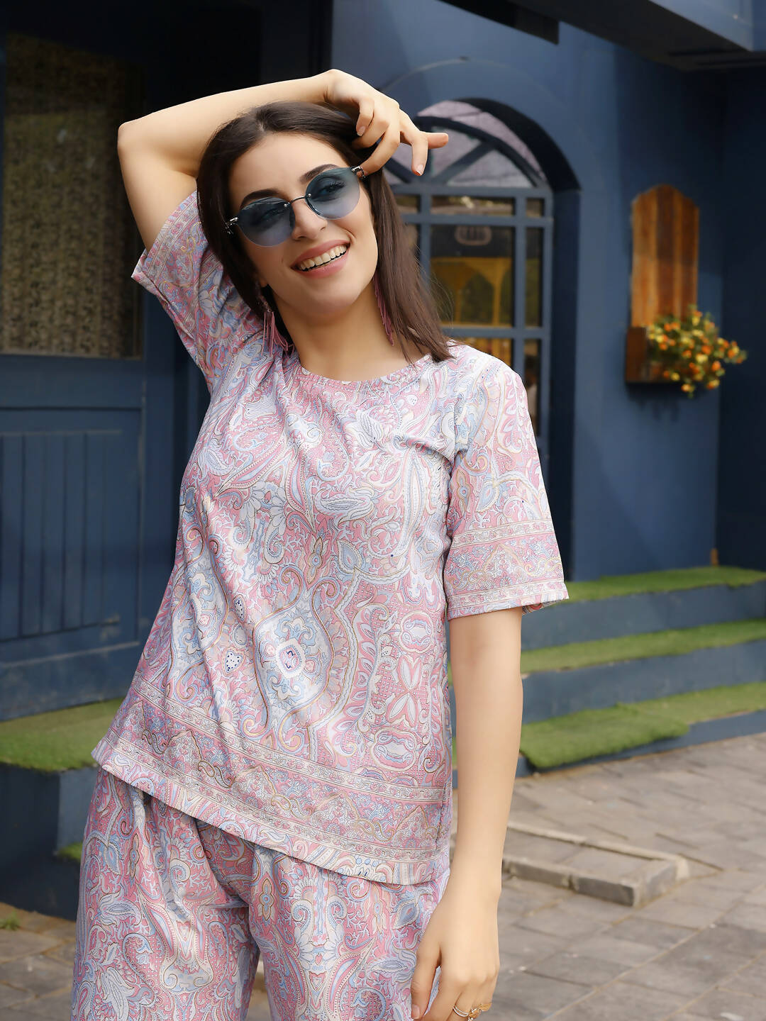 Pink Rayon Paisley Printed Top with Matching Bottom - Eesha - Distacart