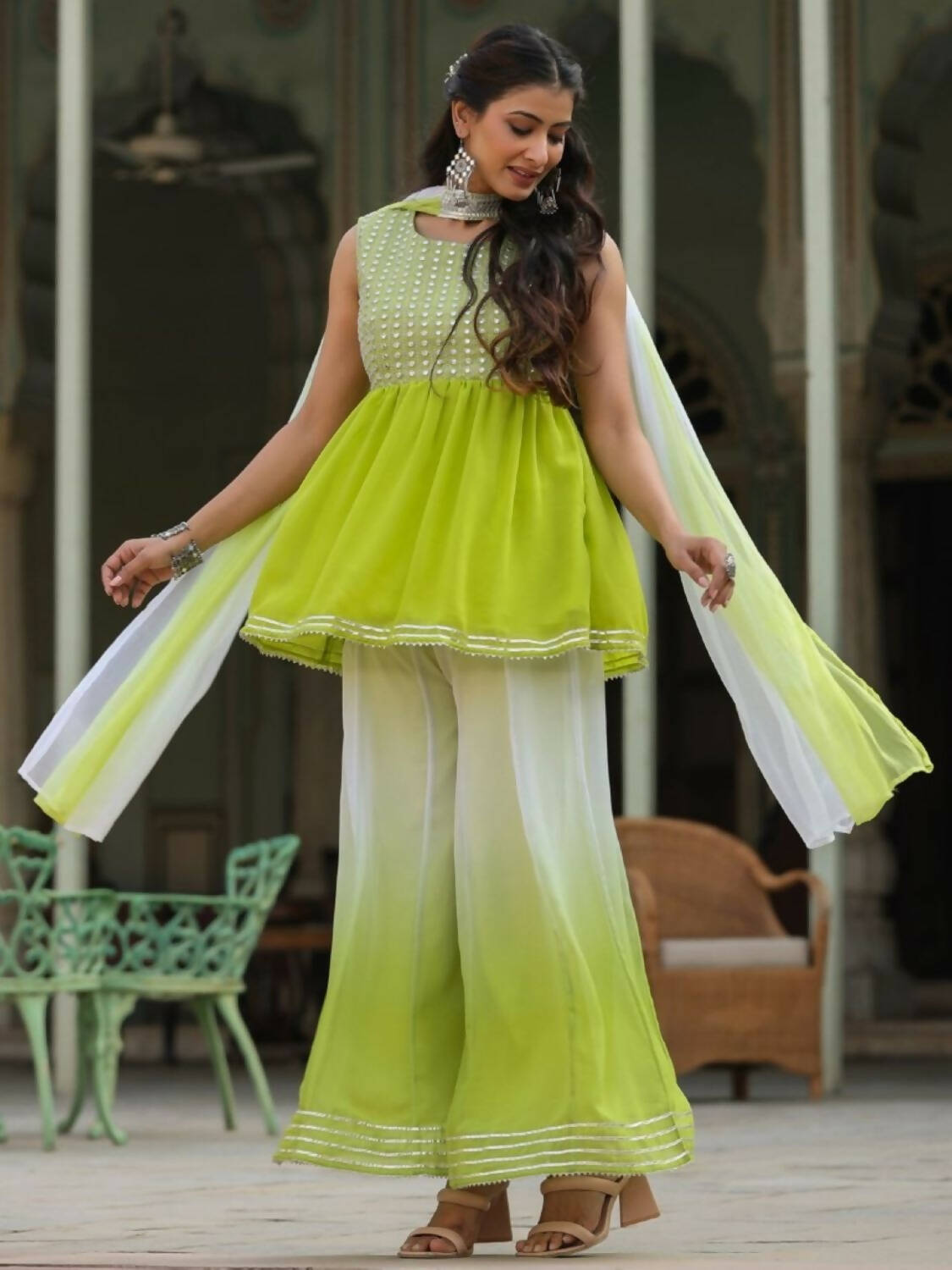 Juniper Women Green Georgette Embroidered Kurta, Palazzo and Dupatta Set - Distacart