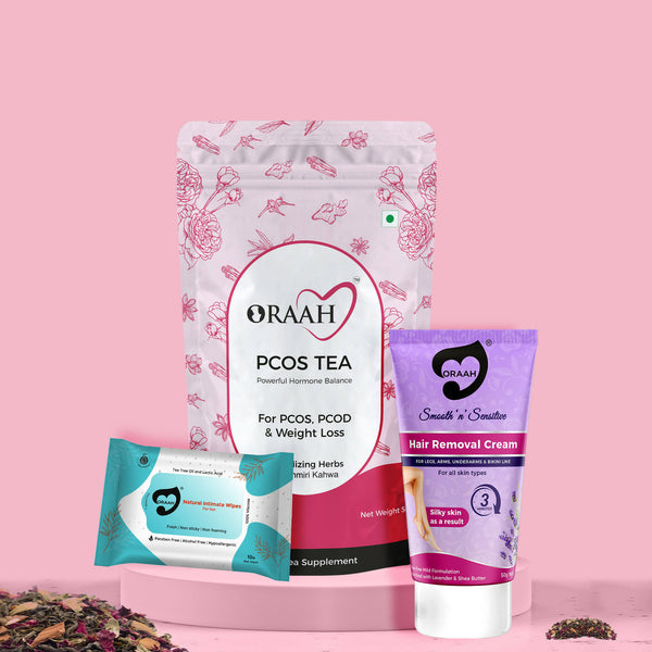 Oraah PCOS PCOD Care Combo (Kahwa Tea, Hair Removal Cream & Intimate Wipes) - Distacart