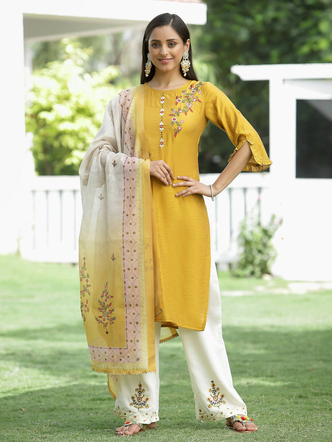 Juniper Mustard Mono Viscose Festive Wear Embroidered Straight Kurta Palazzo Dupatta Set - Distacart