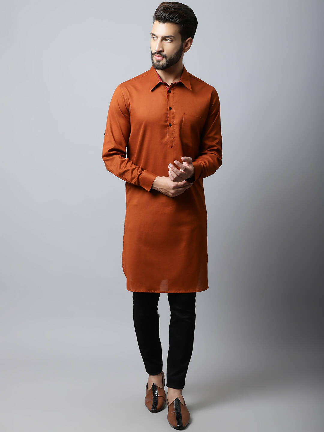 Even Apparels Brown Color Pure Cotton Solid Men's Kurta With Shirt Collar (SLD1137) - Distacart
