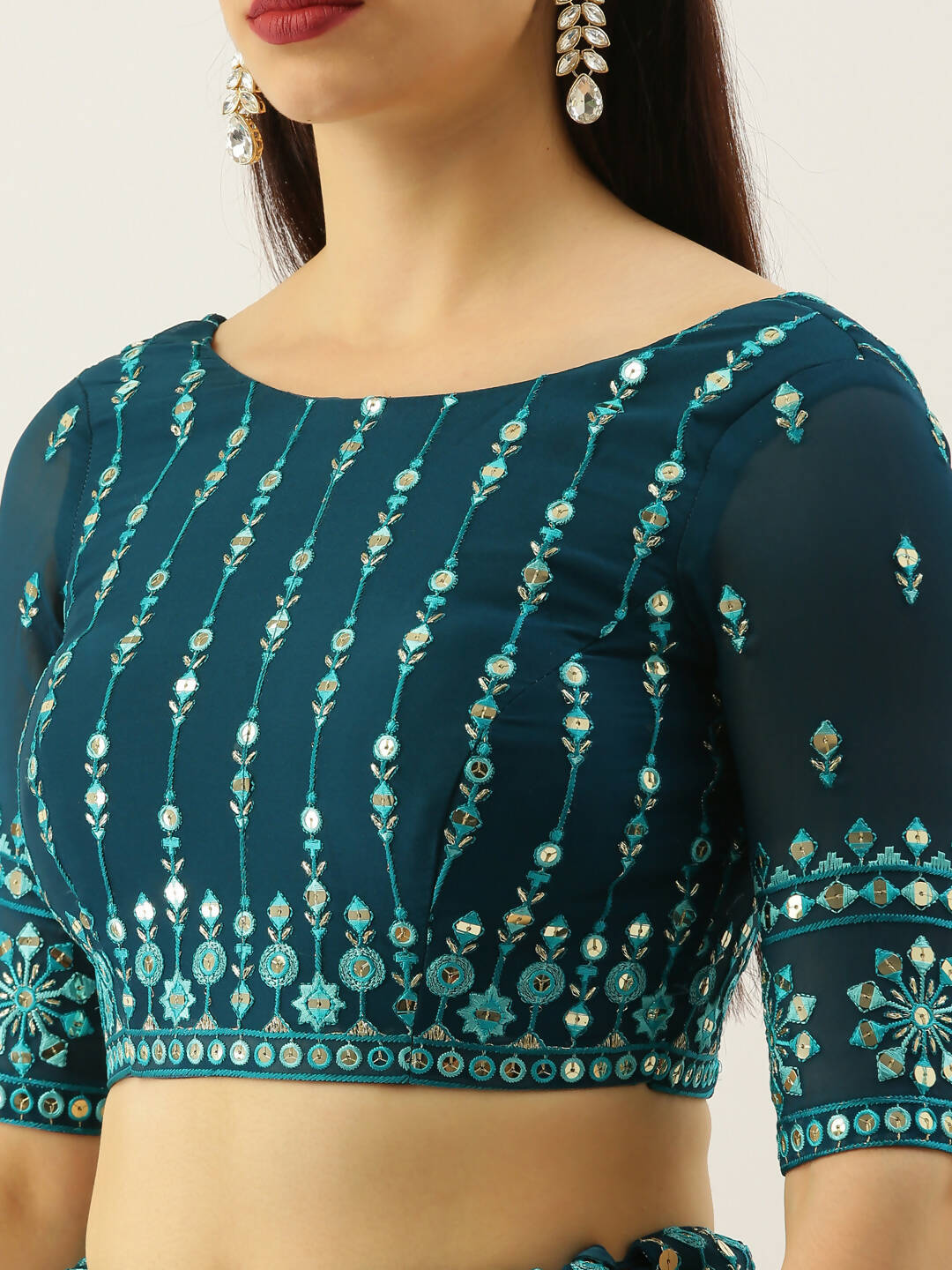 House of Panchhi Women Teal Georgette Sequins Work Lehenga & Blouse with Dupatta - Distacart