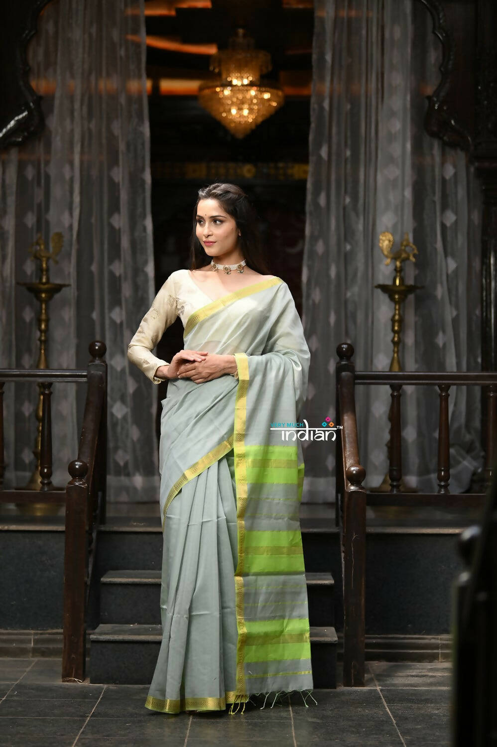 Very Much Indian VMI Exclusive Designer! Handloom Cotton Silk Saree With Sleek Golden Border - Sage Grey - Distacart