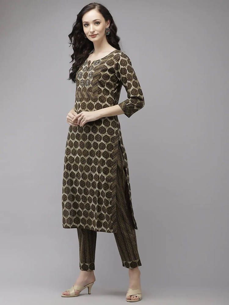 Yufta Women Olive Green Regular Pure Cotton Kurta with Palazzo & With Dupatta