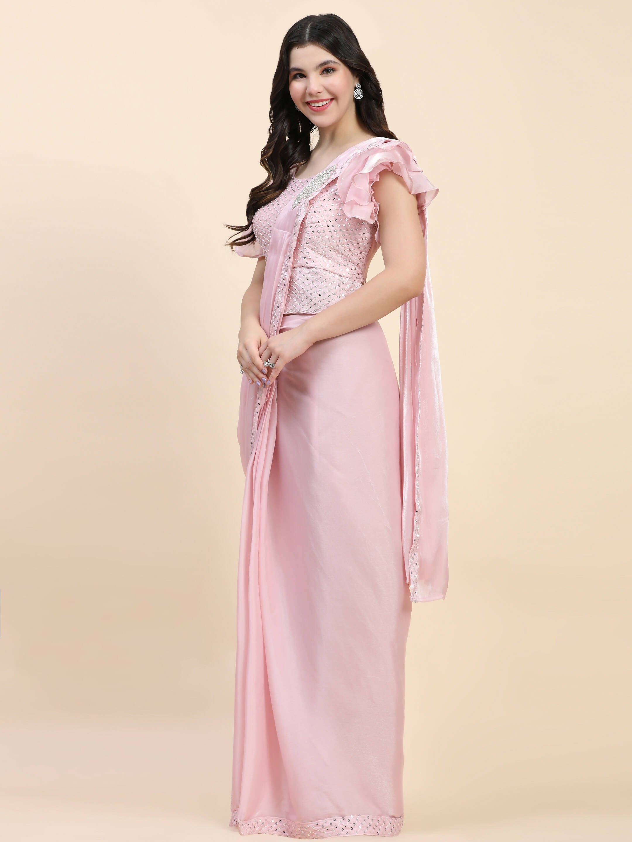 Pink Silk Satin Sequence Work Ready to Wear Saree with stitched Blouse - Nirvana - Distacart