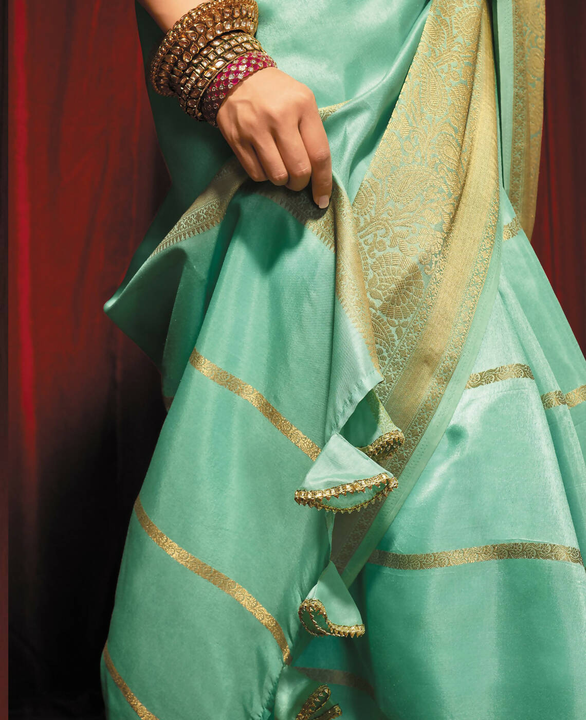 Sea Green Silk Striped Pattern Saree With Unstitched Blouse Piece - Zyanya - Distacart