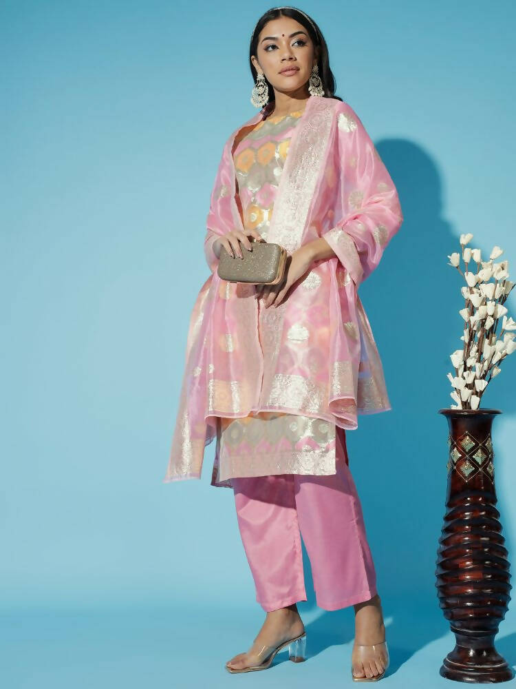 Myshka Women Pink Printed Kurta & Trousers With Dupatta - Distacart