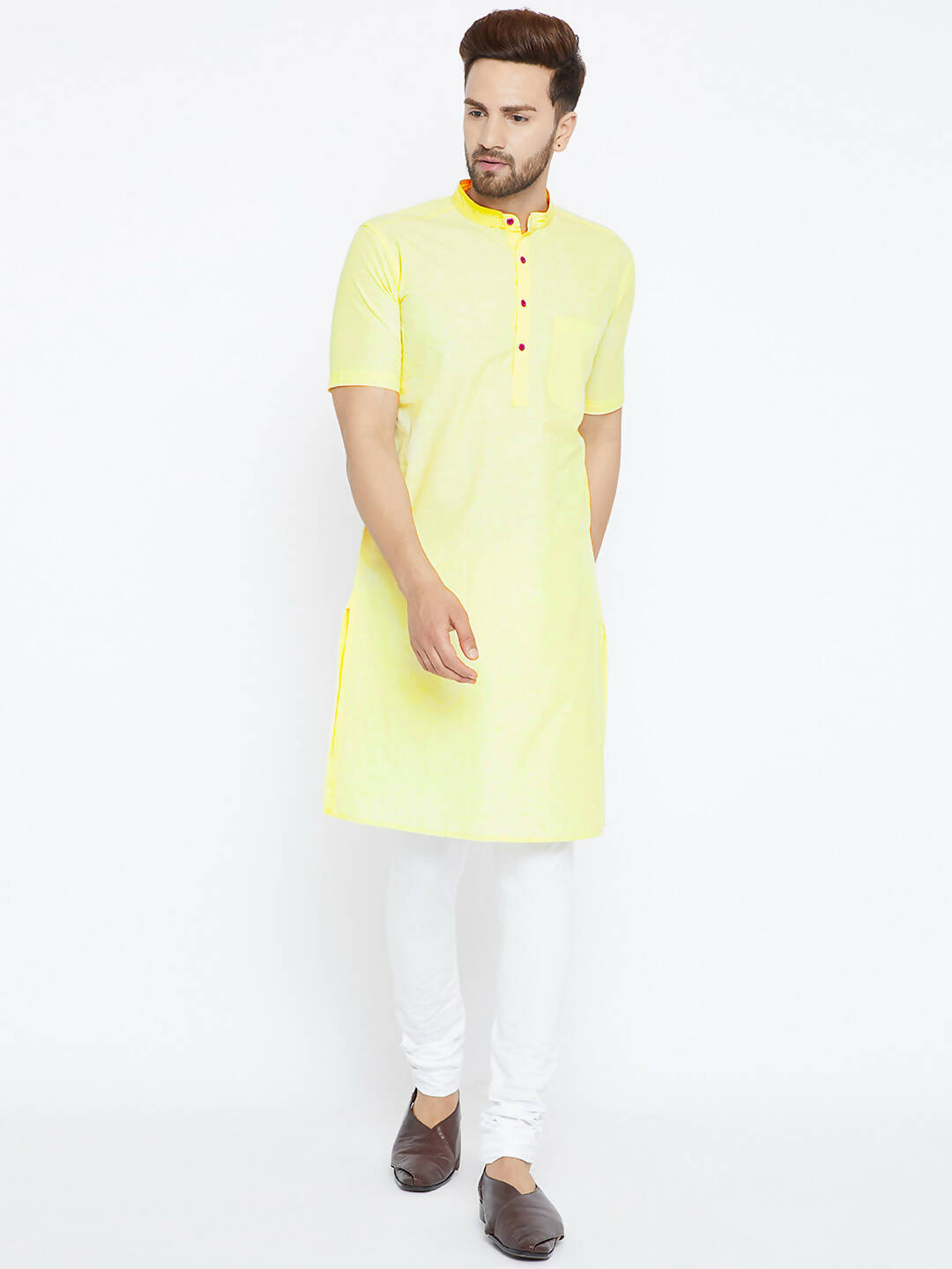 Even Apparels Yellow Color Pure Cotton Men's Kurta With Band Collar - Distacart