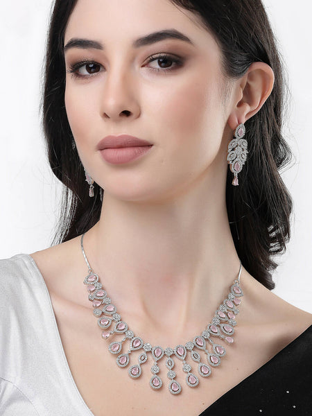 NVR Women Silver Plated & Pink Cz Stone Handcrafted Jewellery Set - Distacart
