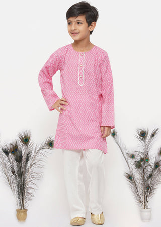 Little Bansi Cotton Jaipuri Kurta with Pearl Buttons & Pyjama -Pink & Cream - Distacart