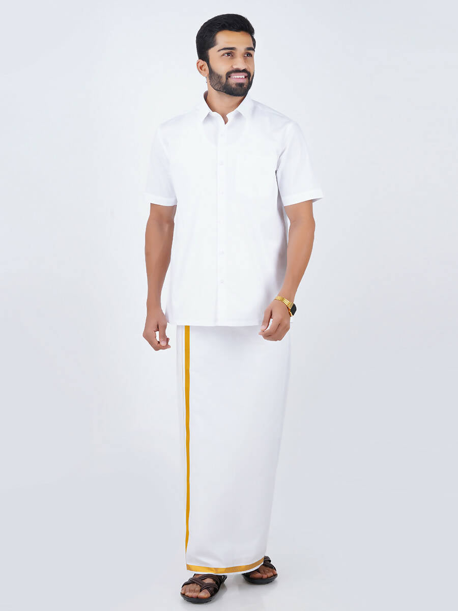 Ramraj Cotton Mens Pure Cotton 1/2 Inch Gold Jari Dhoti - White - Distacart