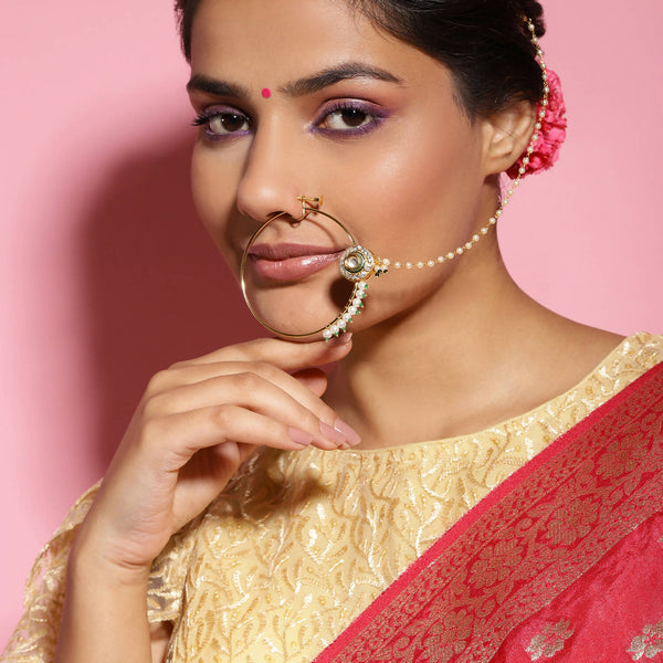 Gold-Plated White Green Kundan-Studded Pearl Beaded Nosepin - Ruby Raang - Distacart