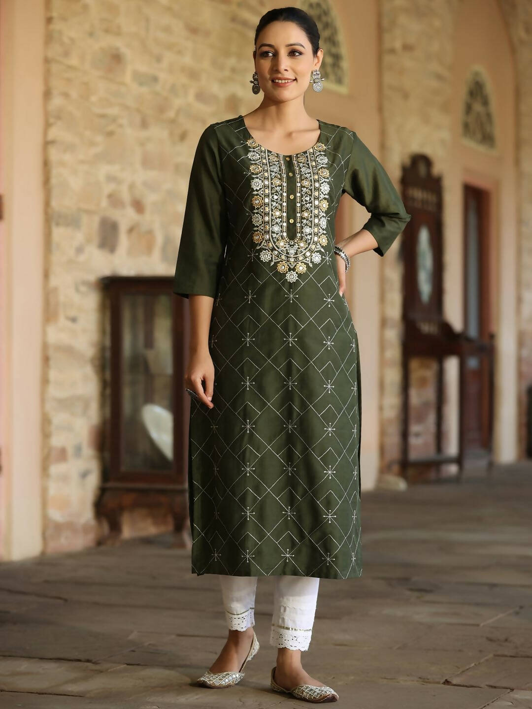 Juniper Women's Green Chinnon Printed Kurta - Distacart