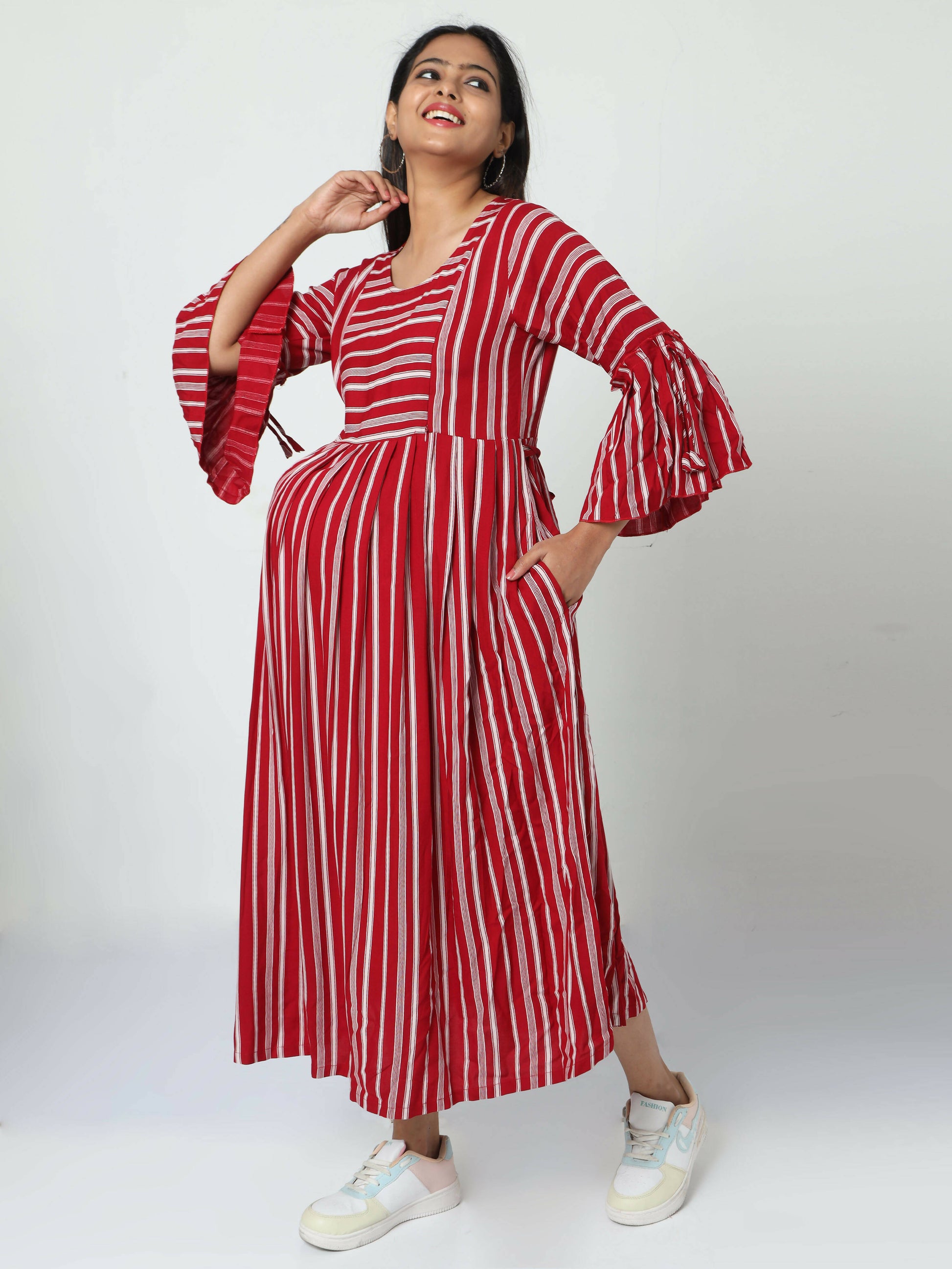 Manet Three Fourth Maternity Dress With Concealed Zipper Nursing Access - Red - Distacart