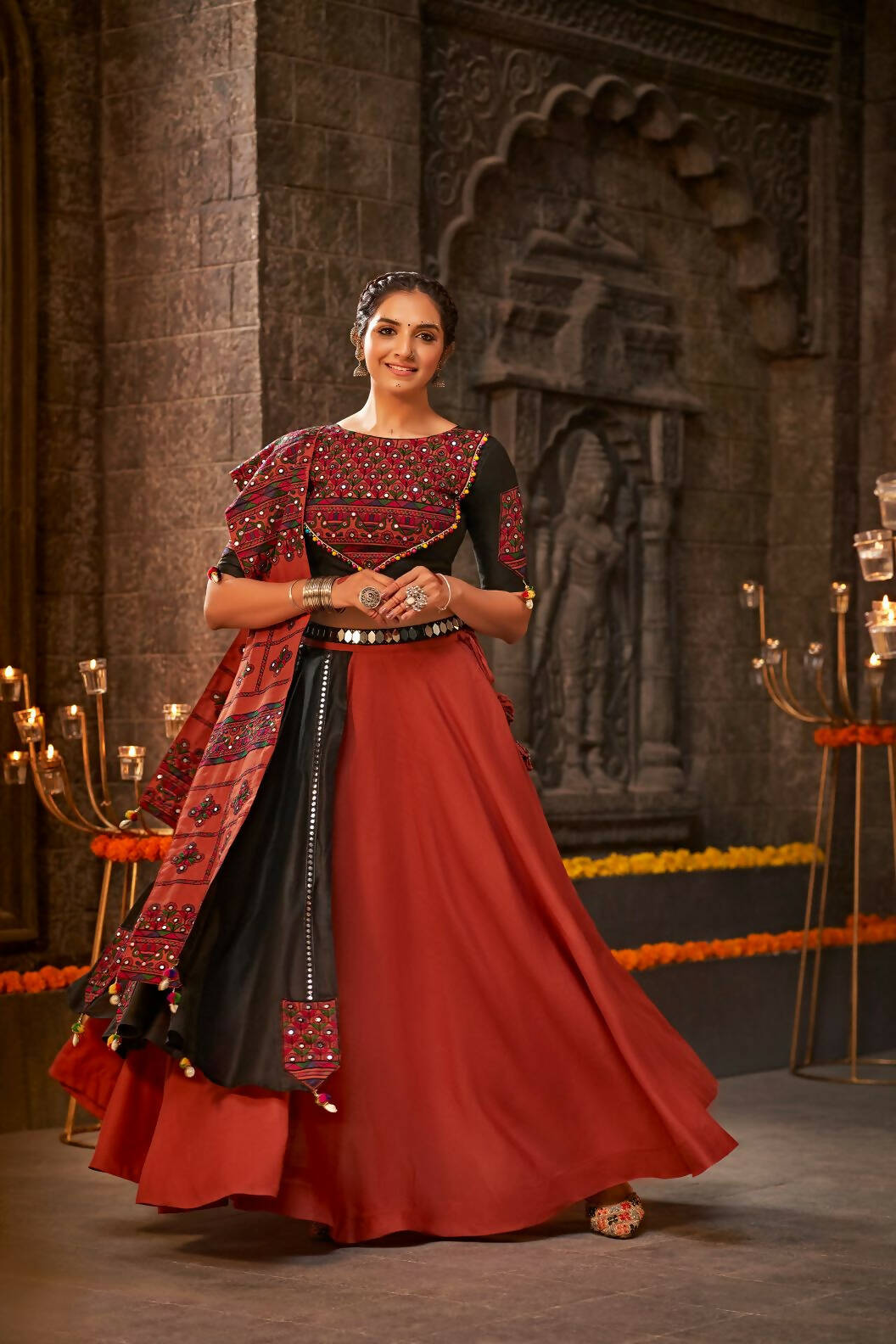 Orange Cotton Thread Embroidered Navratri Lehenga Choli with Dupatta - Raas - Distacart