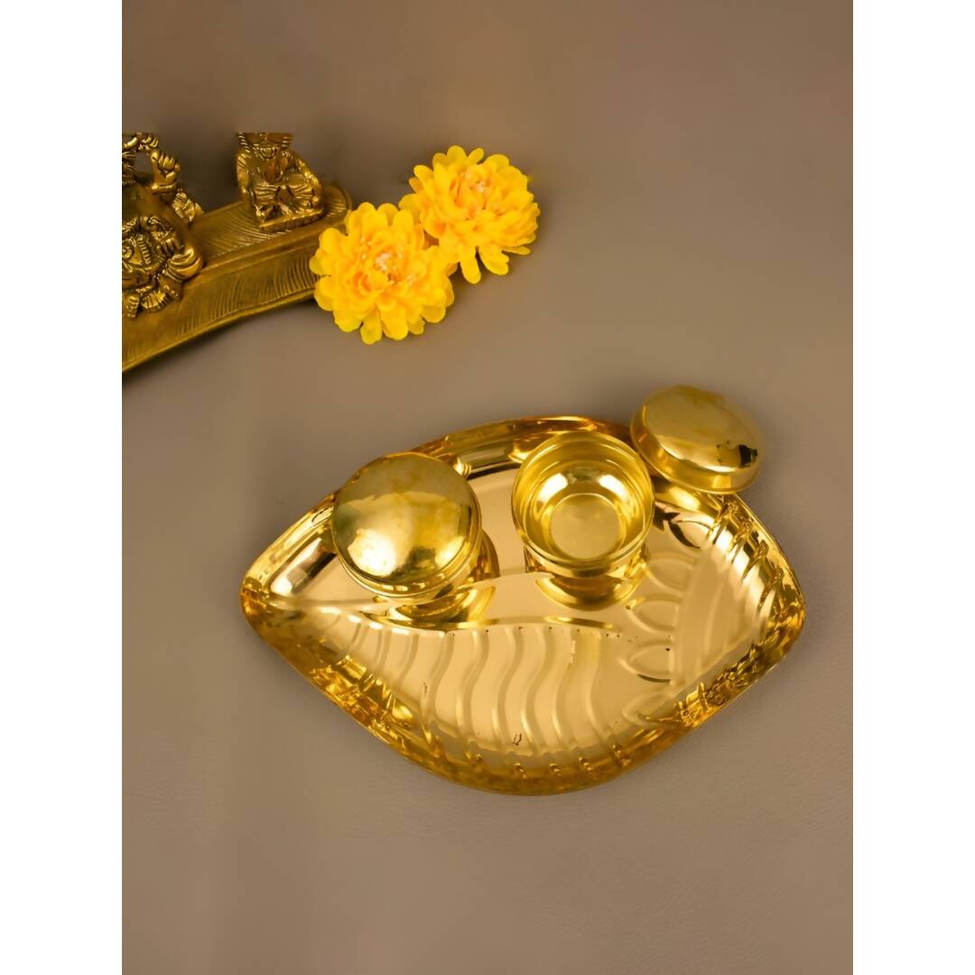 Spillbox Gold-toned Textured Brass Sangu Thali With 2 Pieces Bowl Pooja Essential - Distacart