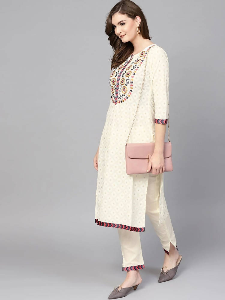 Yufta Women Off-White Printed Kurta with Trouser