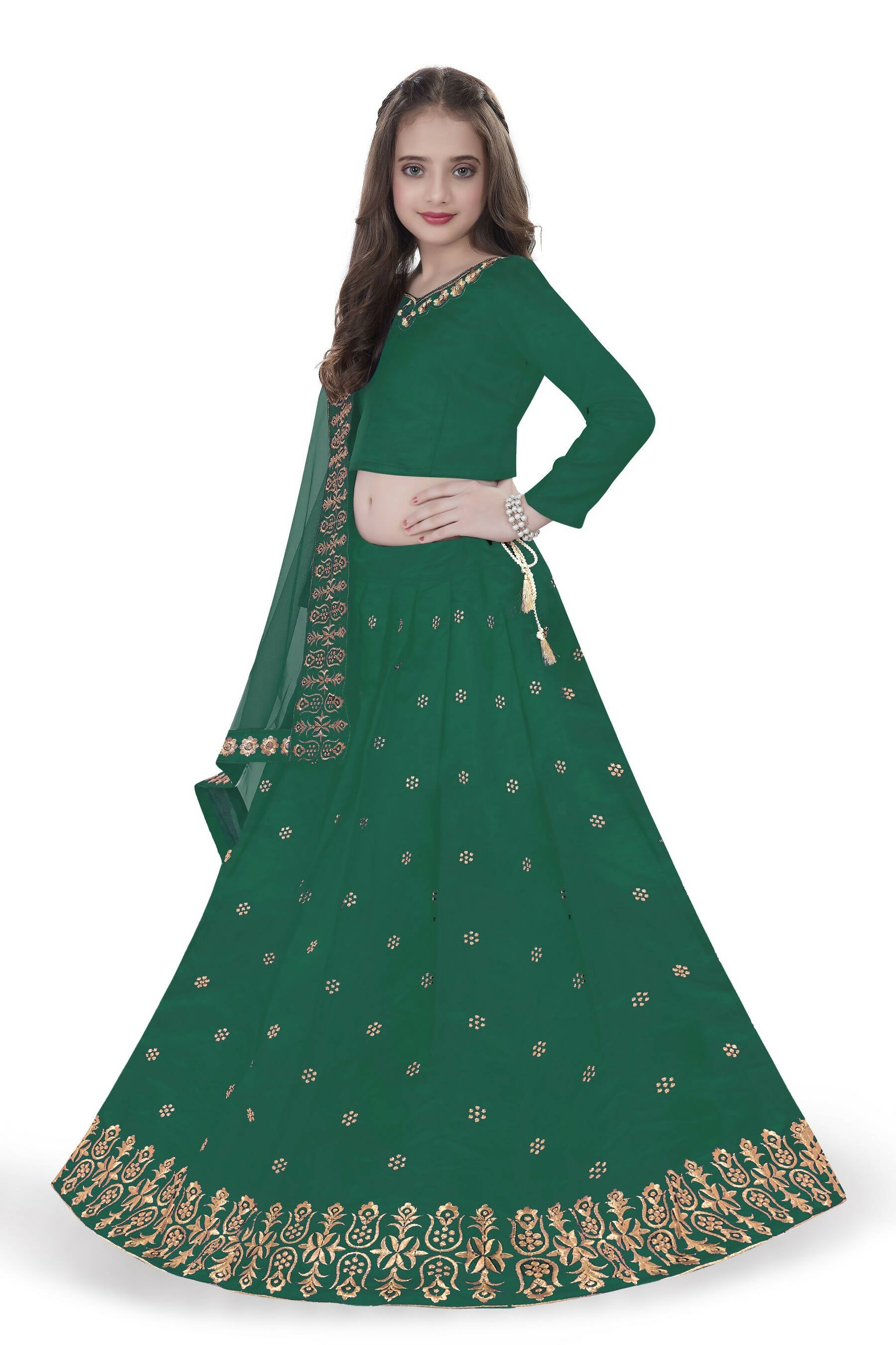 Dwiden Green Queen Tafetta Sattin Semi-Stitched Girl's Lehenga Choli - Distacart