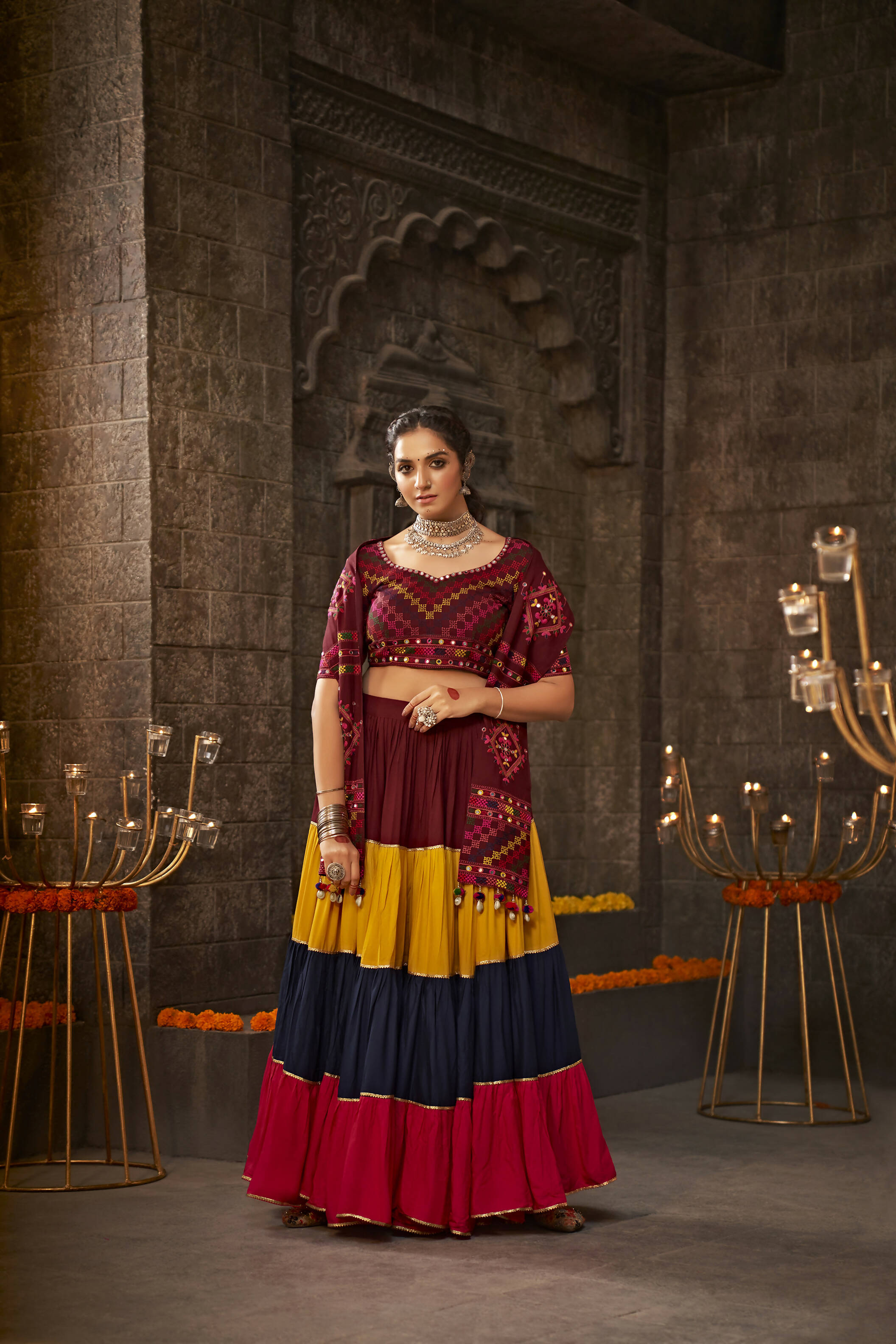 Multi Color Viscose Rayon Thread Embroidered Navratri Lehenga Choli with Dupatta - Raas - Distacart