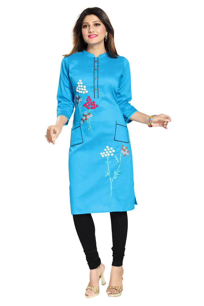 Snehal Creations Raw Silk Embroidery Blue Straight Tunic