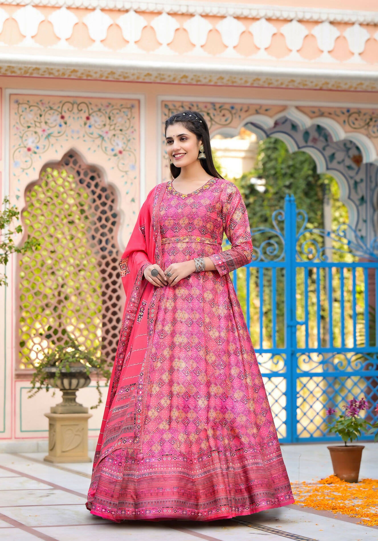 Functional Designer Dark Pink Dola Silk Anarkali suit with Dupatta - Ramya - Distacart