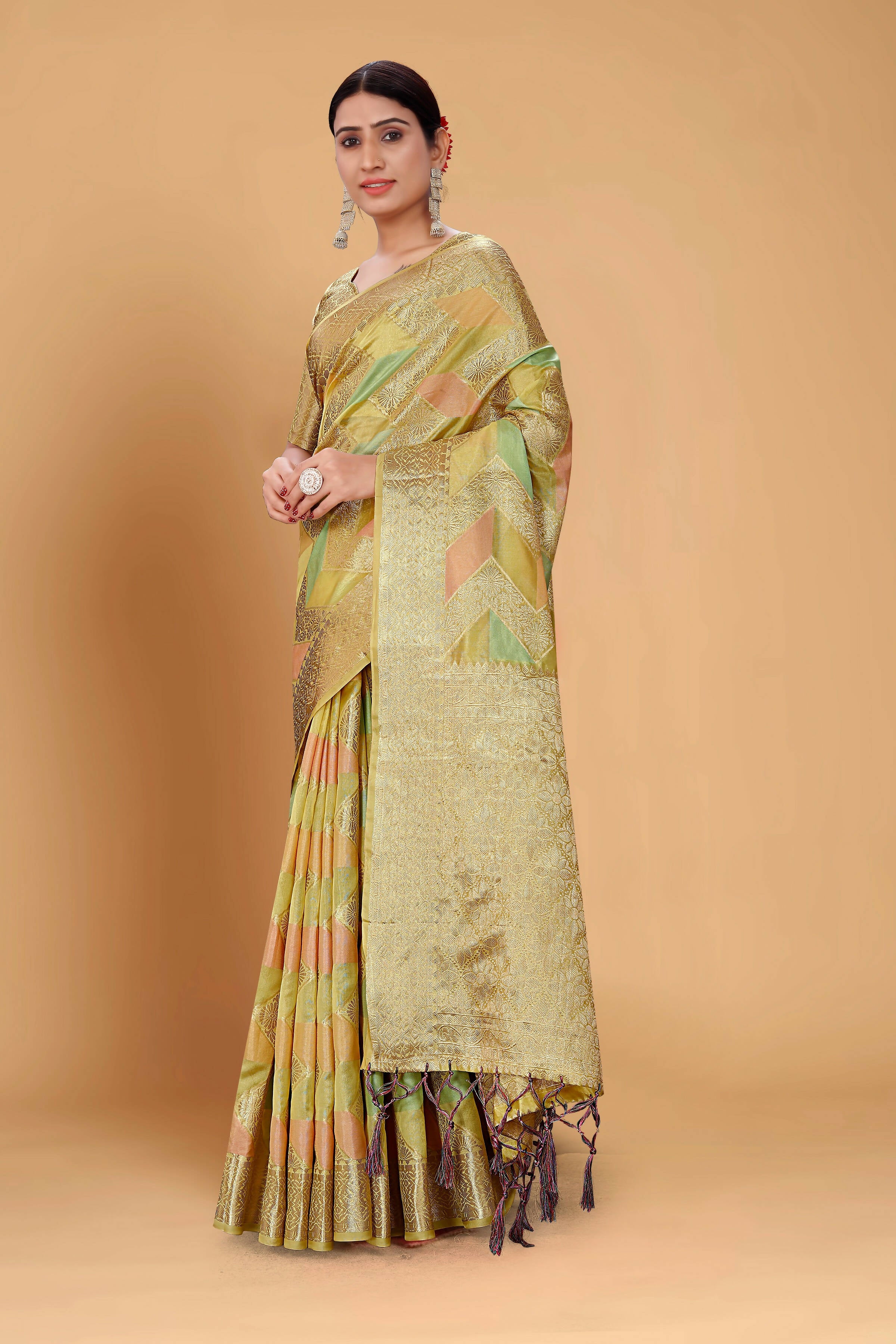 Pista Soft Organza Woven Design Saree With Unstitched Blouse Piece - Zaara - Distacart
