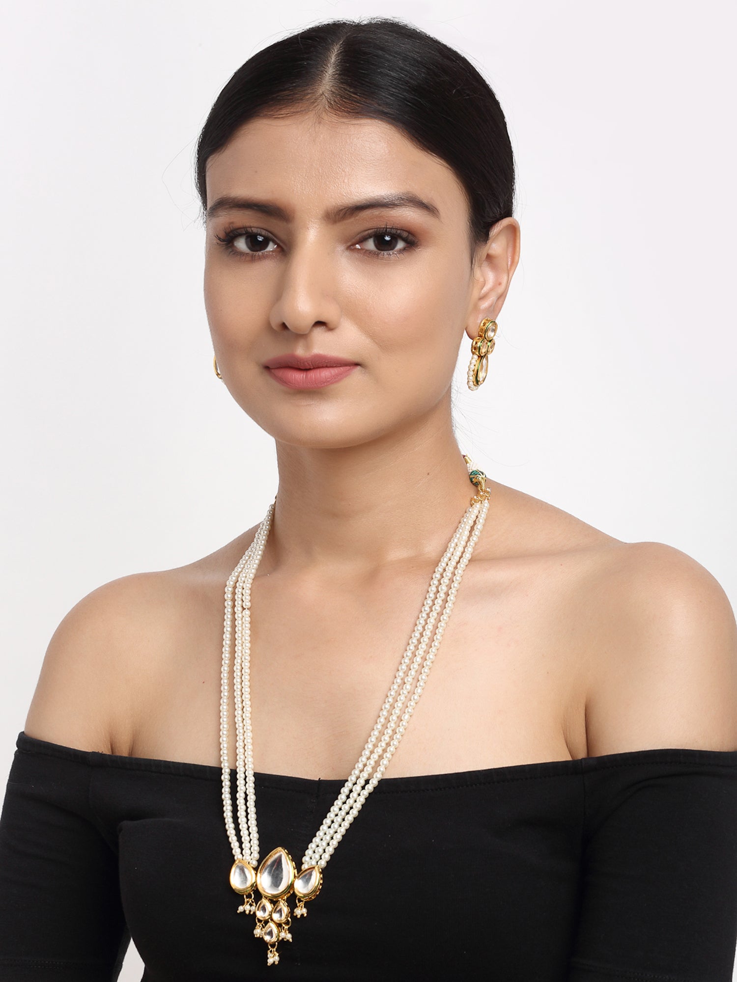 Long Kundan Neckpiece With Studs - Ruby Raang - Distacart