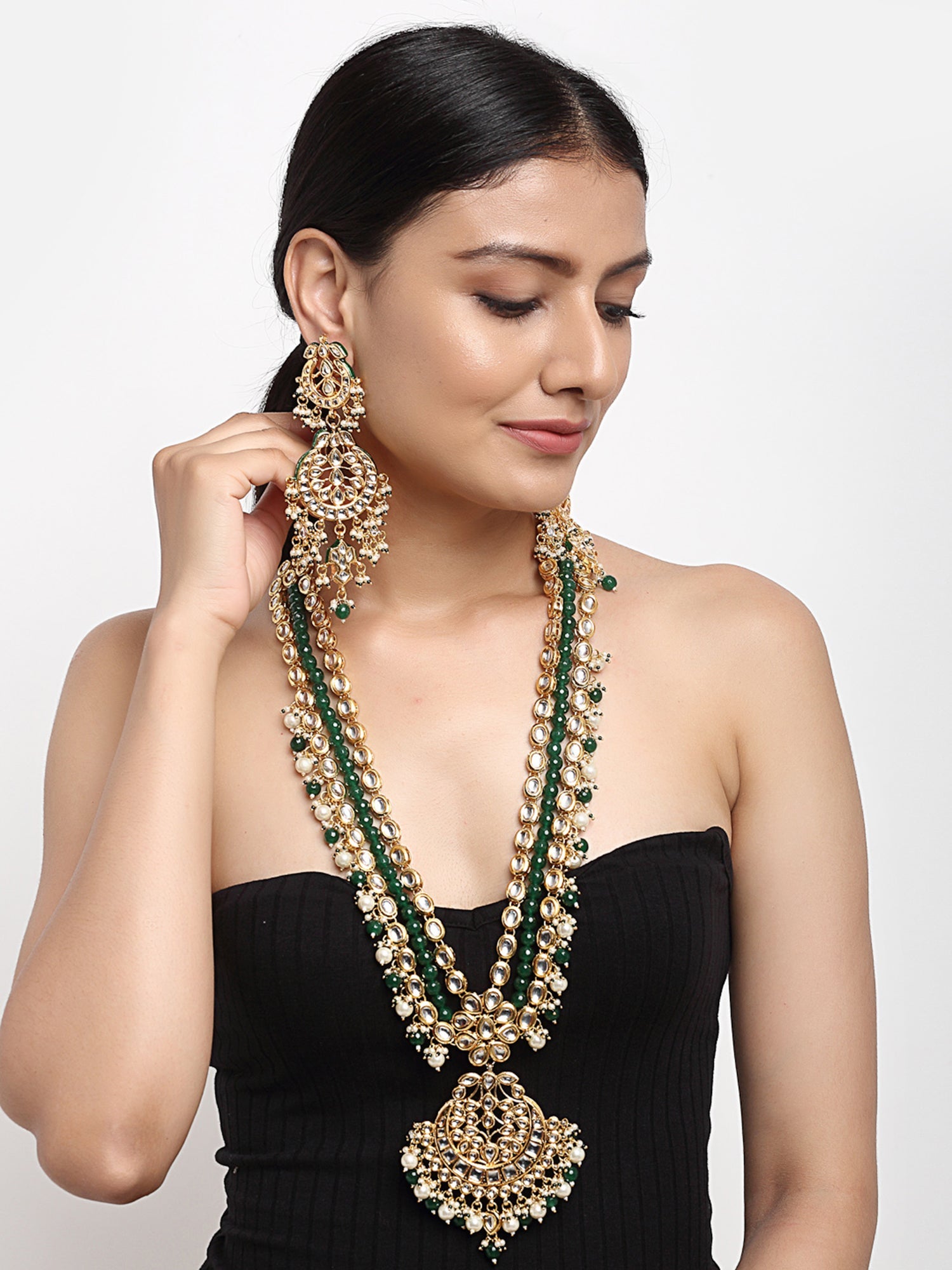 Long Kundan Neckpiece With Earrings - Ruby Raang - Distacart