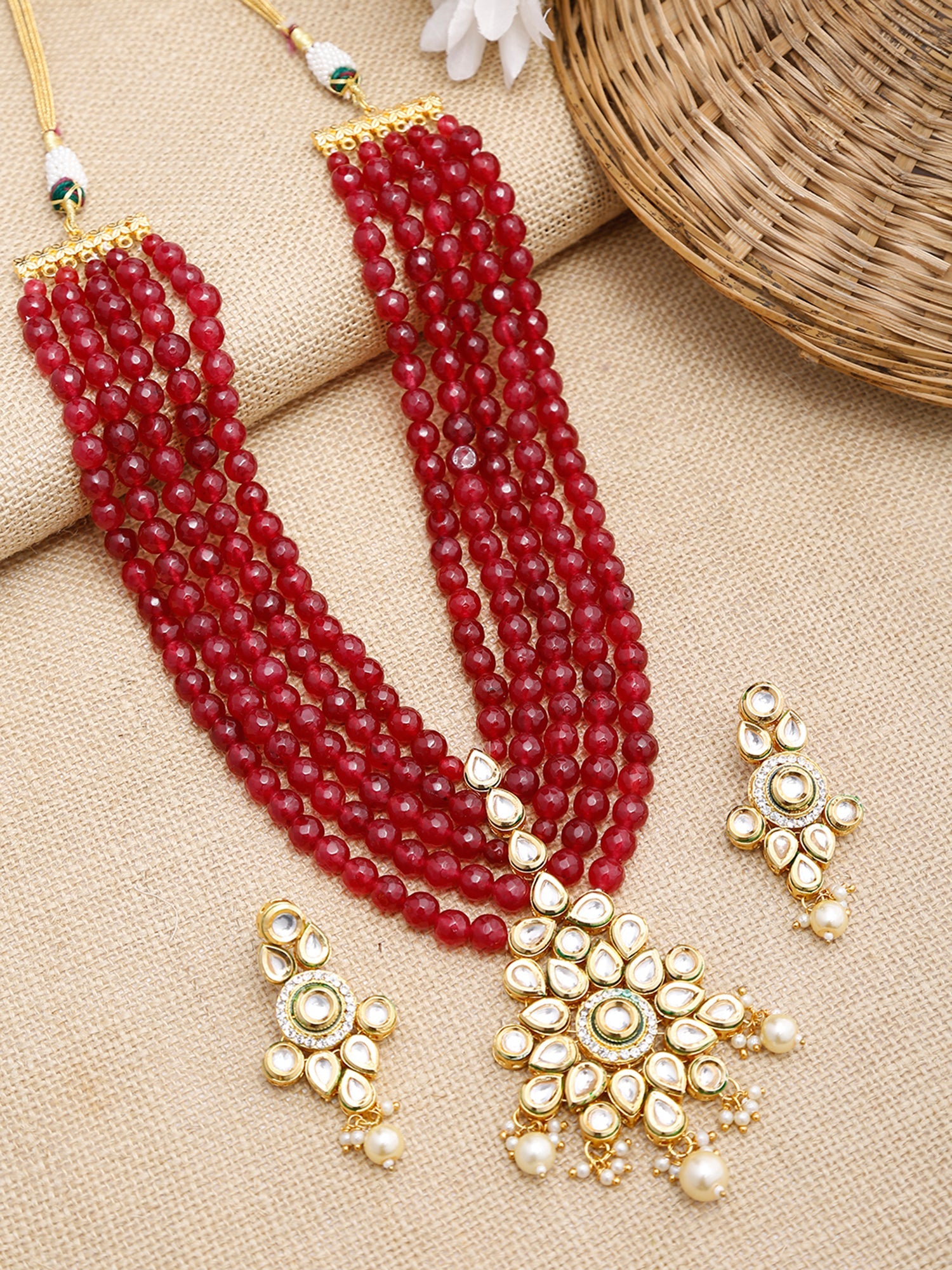 Gold-Plated Maroon Kundan Studded Beaded Jewellery Set - Ruby Raang - Distacart