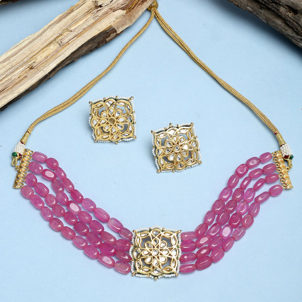 Gold-Plated Pink Kundan Choker With Studs - Ruby Raang - Distacart