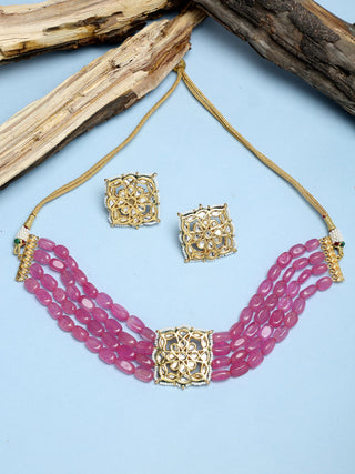 Gold-Plated Pink Kundan Choker With Studs - Ruby Raang - Distacart
