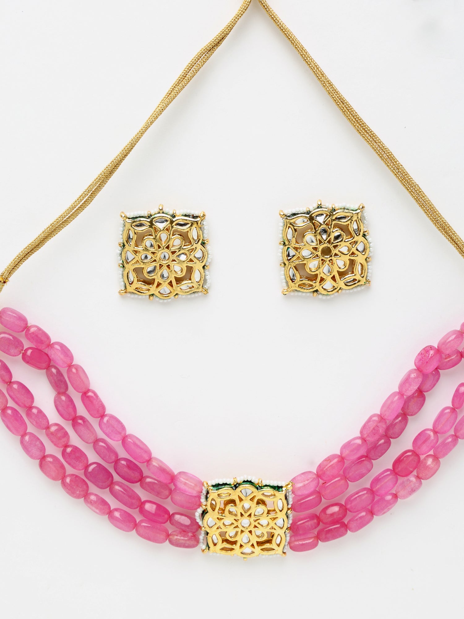 Gold-Plated Pink Kundan Choker With Studs - Ruby Raang - Distacart