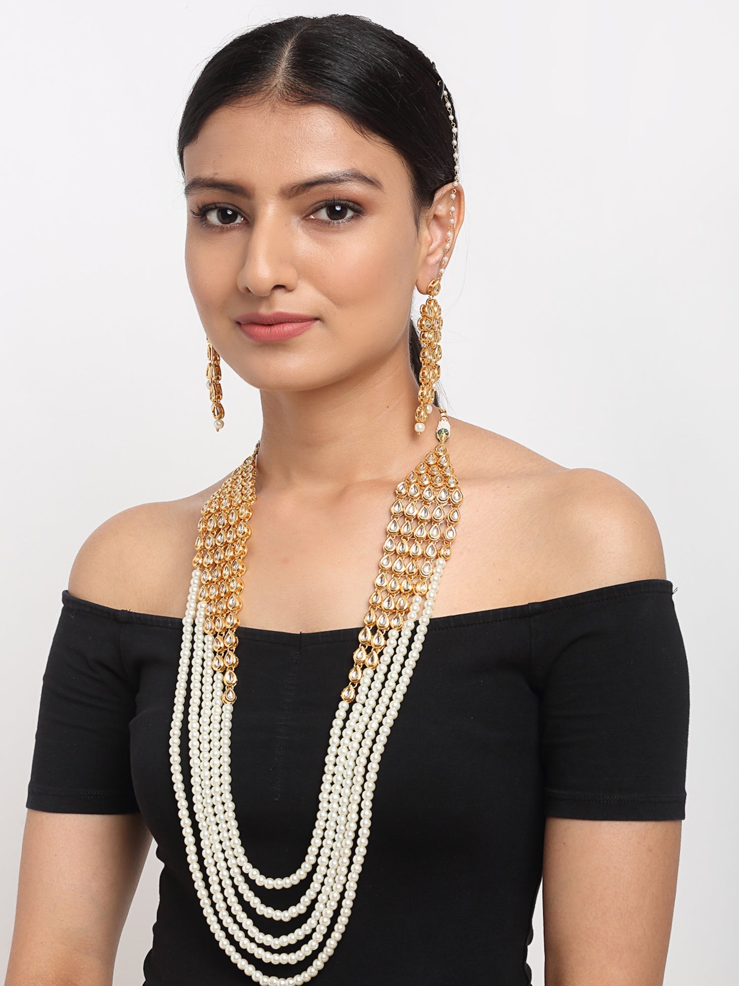 Layered Pearl Kundan Neckpiece With Earrings - Ruby Raang - Distacart