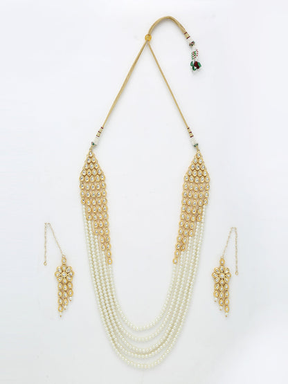 Layered Pearl Kundan Neckpiece With Earrings - Ruby Raang - Distacart