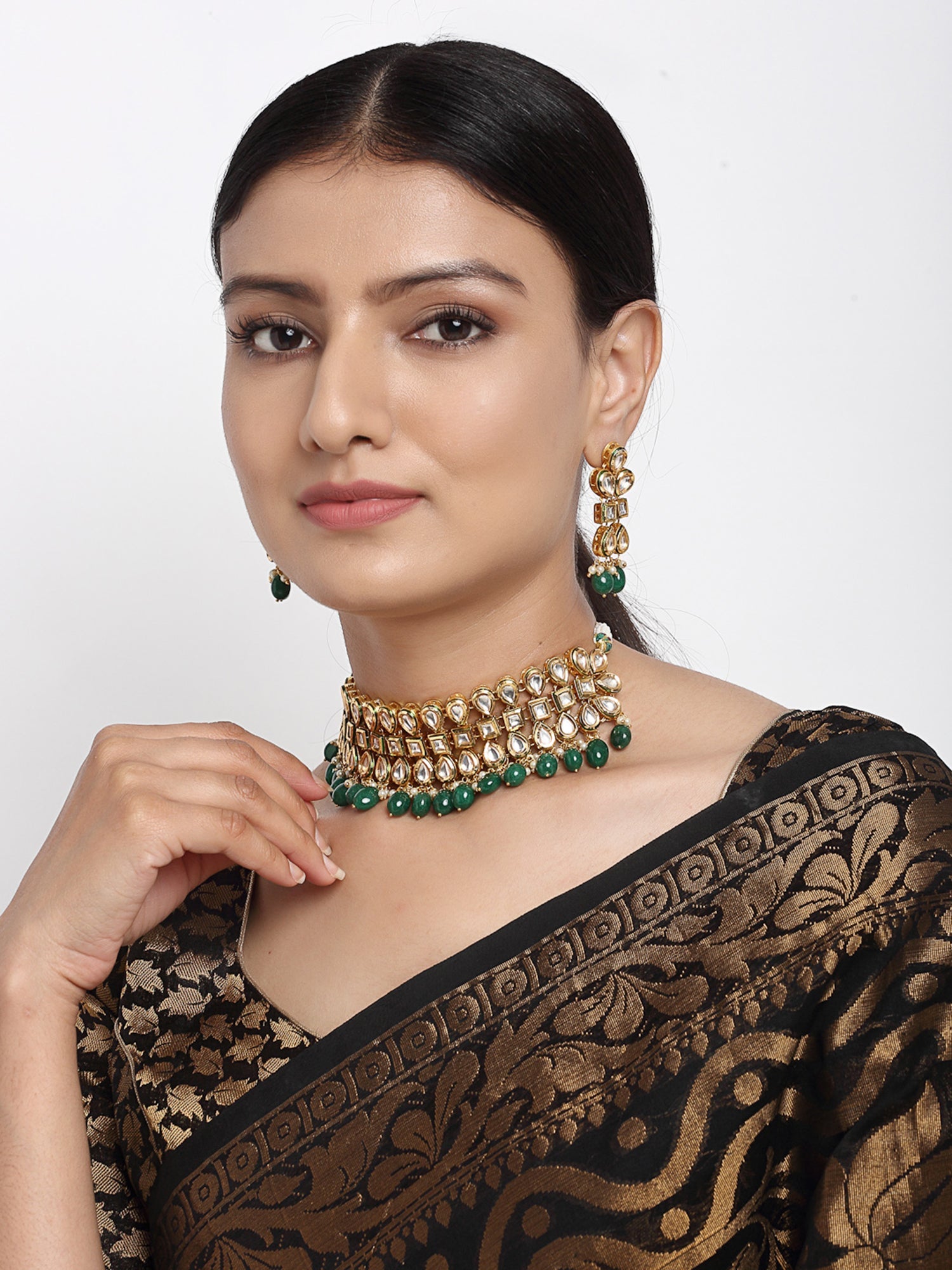 Stone Kundan Choker With Earrings - Ruby Raang - Distacart