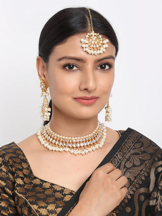 Gold Plated Kundan Choker With Earrings & Maang Tika - Ruby Raang - Distacart