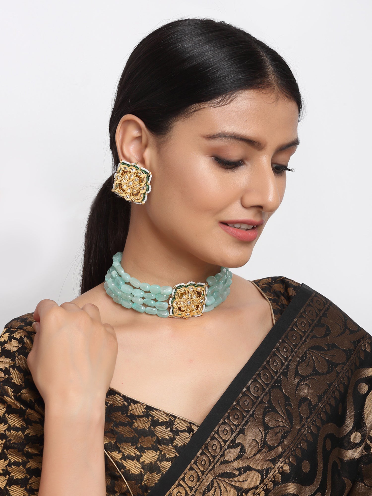 Stone Kundan Choker With Studs - Ruby Raang - Distacart