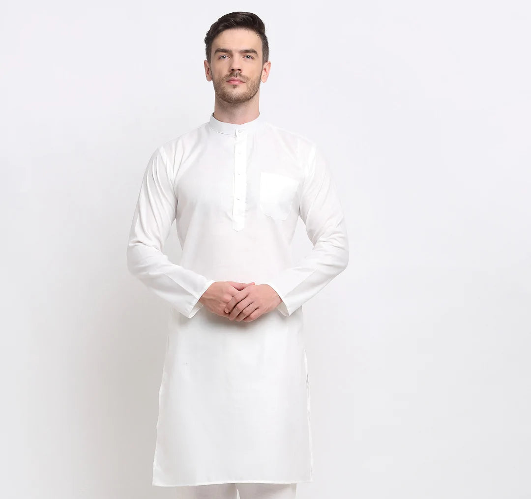 Kalyum Men's Cotton Blend White Straight Long Kurta - Distacart