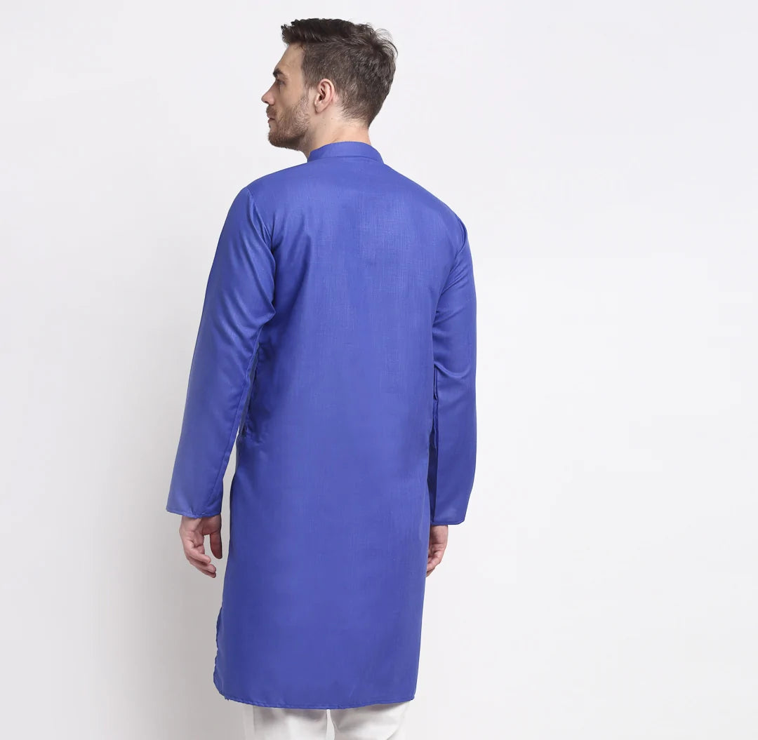 Kalyum Men's Cotton Blend Royal Blue Straight Long Kurta - Distacart