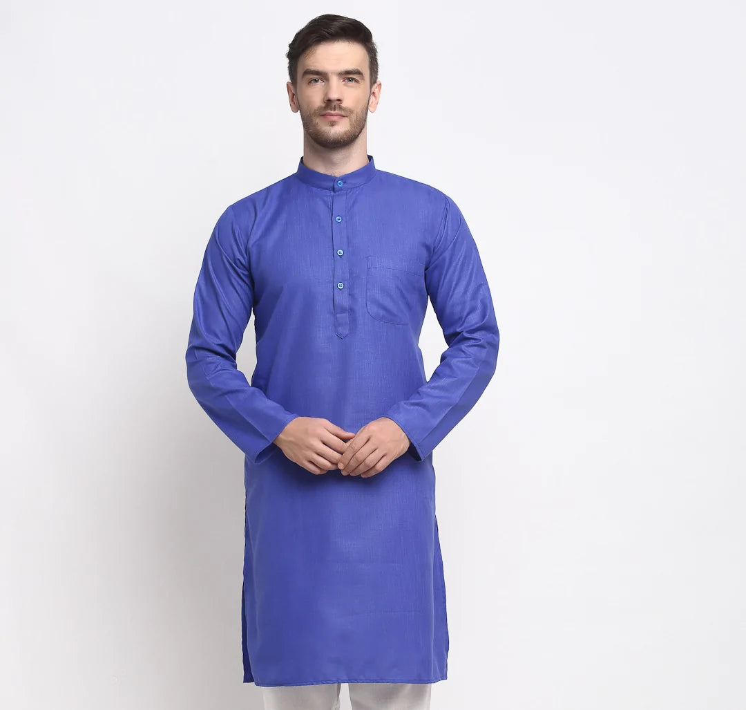 Kalyum Men's Cotton Blend Royal Blue Straight Long Kurta - Distacart