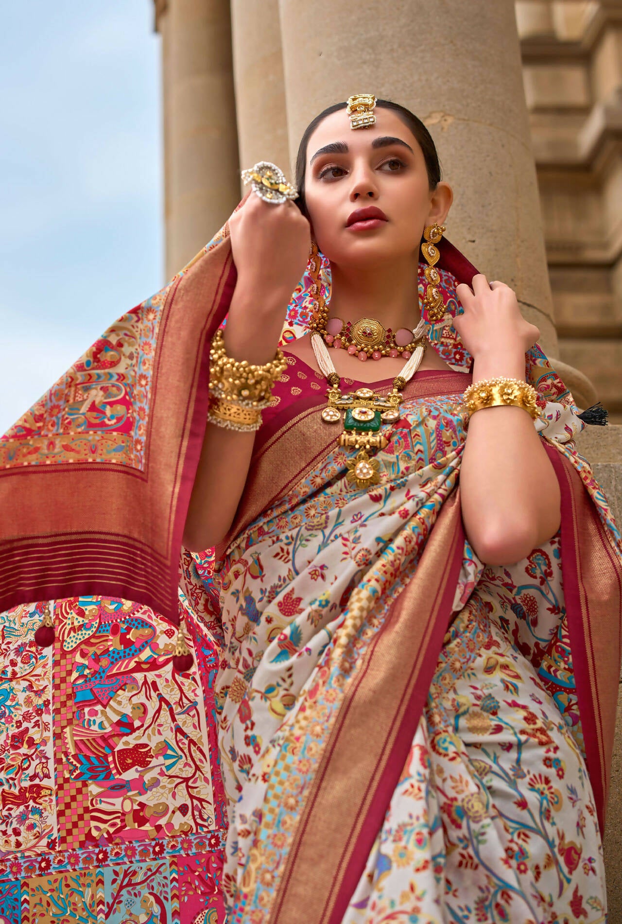 Salmon Pink & White Superior V.P.Silk Woven Printed Patola Silk Saree - Rewaa Milano - Distacart
