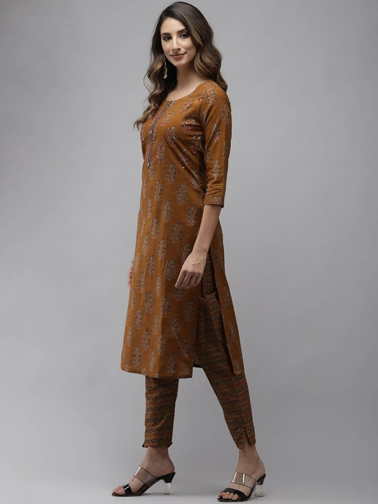 Yufta Women Mustard Brown Sequinned Pure Cotton Kurta with Trouser