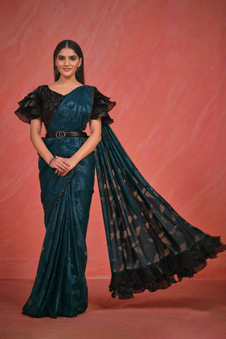 Teal Pattern Georgette Handwork & Lace with kardana work Saree With Stitched Blouse - Mohmanthan Elegancia - Distacart